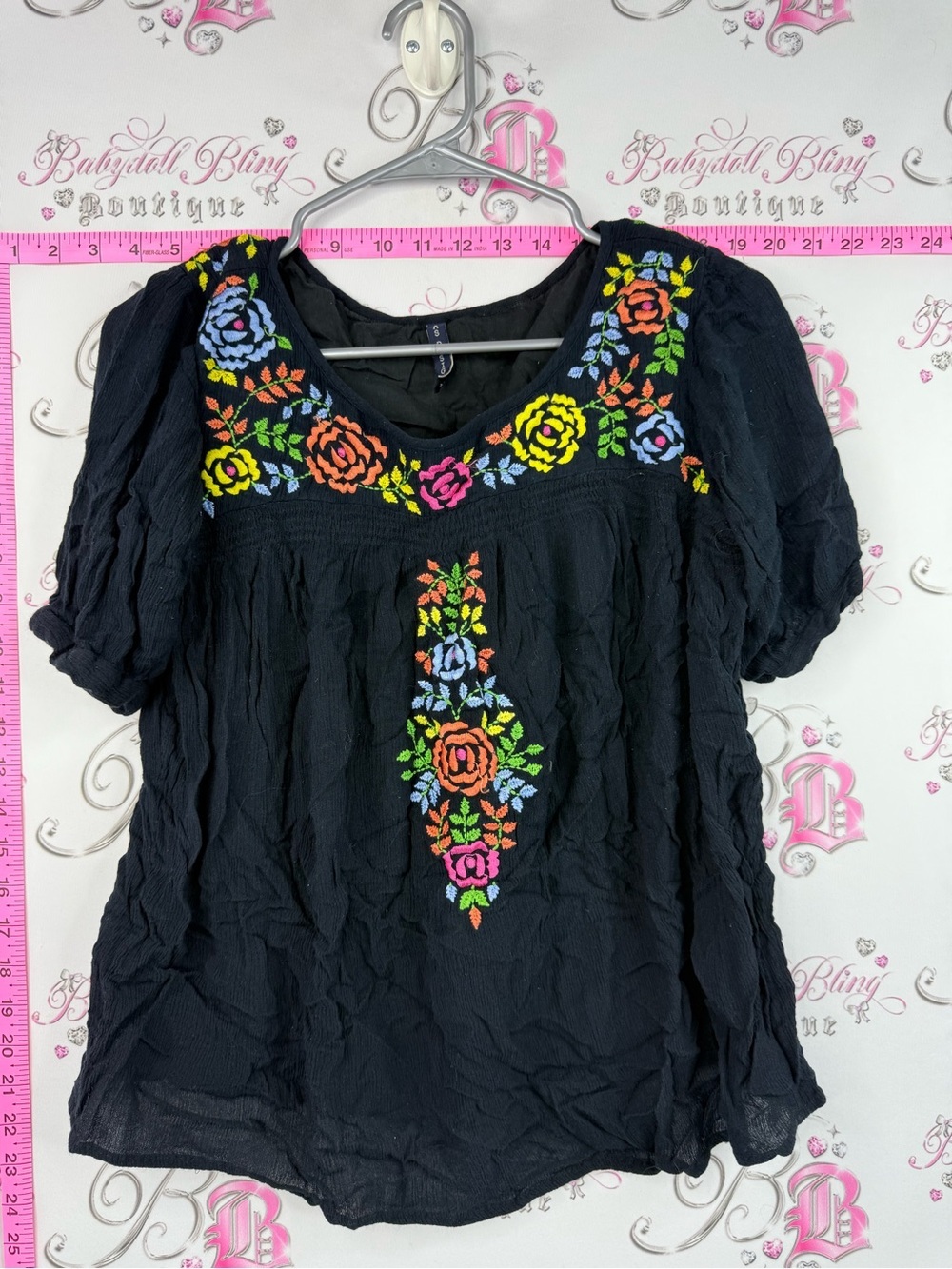 Kas designs tshirt flowers Black Embroidered Floral Peasant Blouse - Women